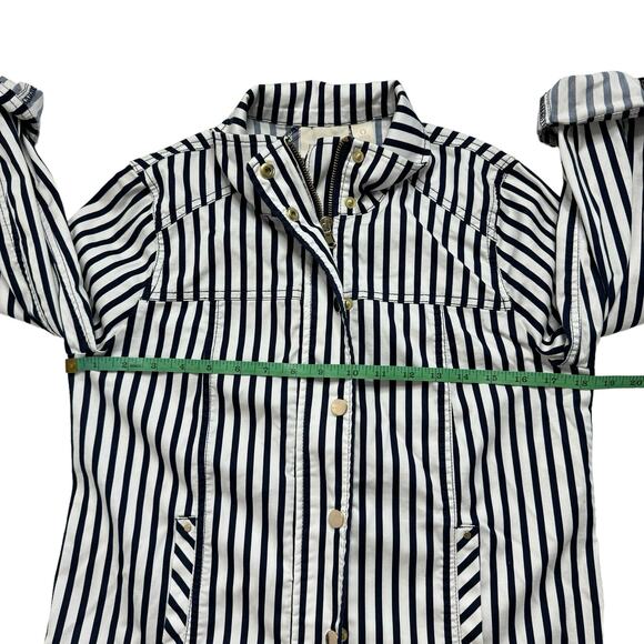 CHICOS Blue White Stripe Sateen Cotton Crochet Jacket Size Small (0) Gold Button - Picture 9 of 11
